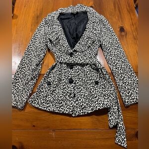 Fenn‎ Wright Manson Womens Cream Black Cheetah Print Wrap Belted Button Pea Coat